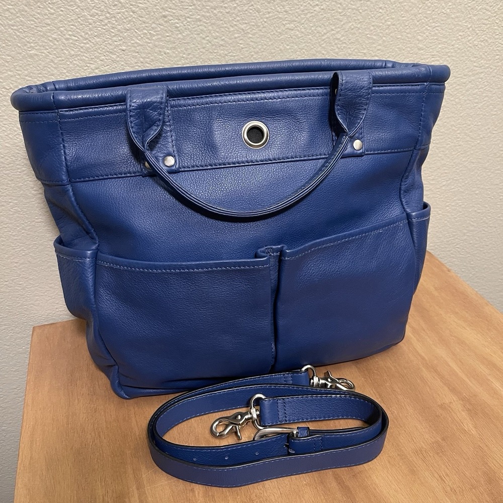 Levanger St. Tropez Large Pebbled Leather Tote Bag Blue Crossbody Teacher EUC‎